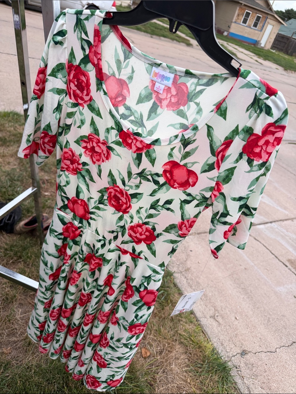 LuLaRoe Cream Midi Dress with Red & Green Floral Print